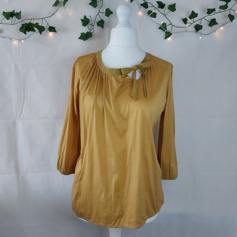 COS Mustard Yellow Side Tie Neck 3/4 Sleeve Relaxed Top Size M 100% Cotton Light - Picture 1 of 10